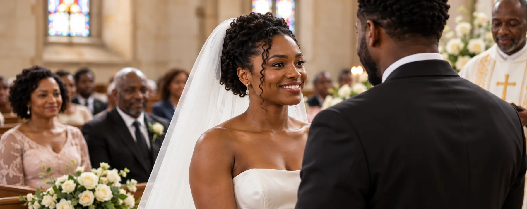 A bride smiles at her groom during a church ceremony, with family seated behind her.