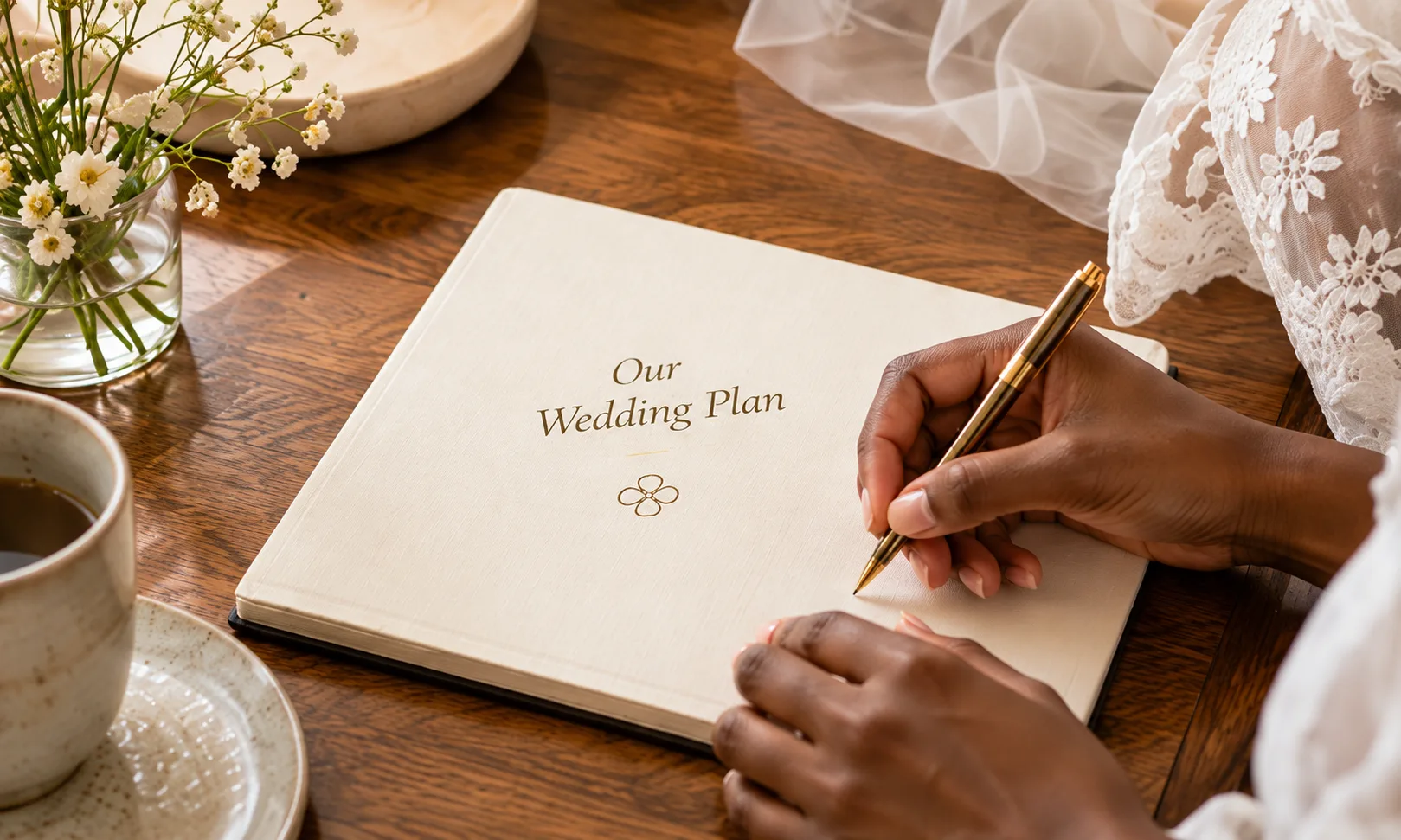 A bride writes in a notebook titled Our Wedding Plan, beside a cup of coffee and a vase of flowers.