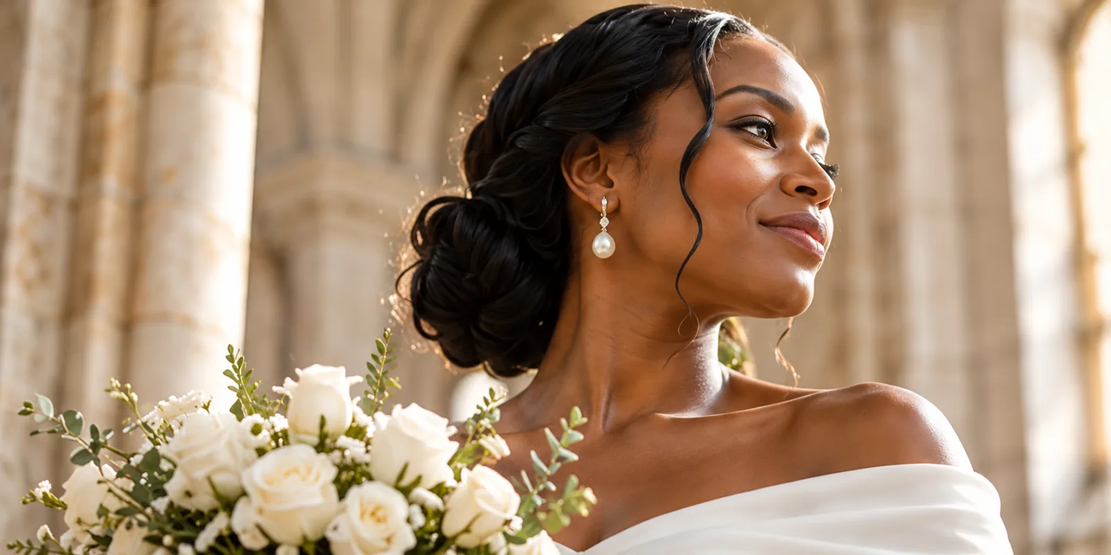 A bride holding white roses looks out from a sunlit colonnade.